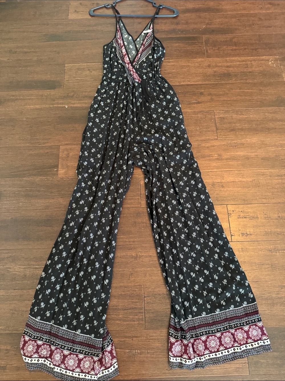 Xhilaration Black Floral Wide-Leg Jumpsuit with Burgundy Border